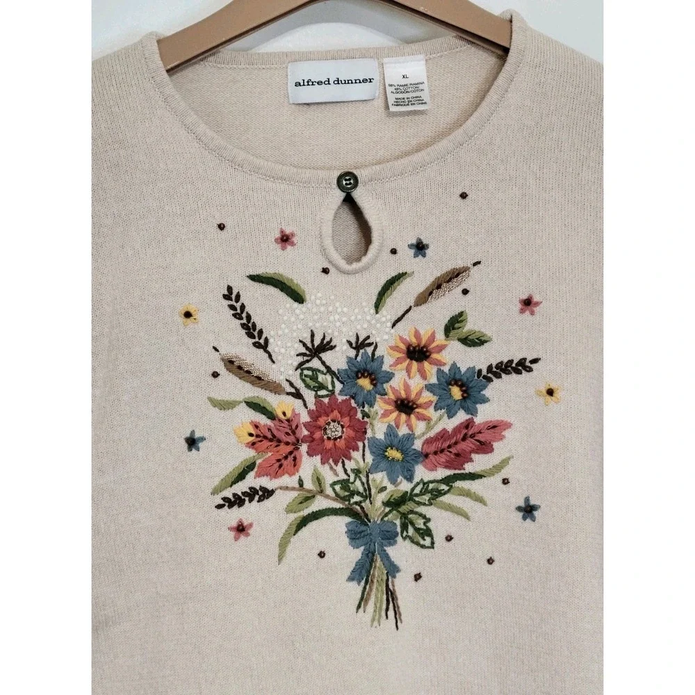 Alfred Dunner Embroidered Beaded Spring Floral Sweater‎ Knit Womens Large Granny